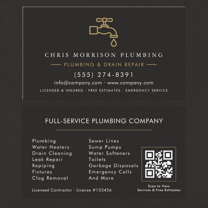 QR Code Plumbing Service Black Gold Business Card