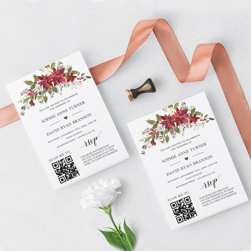 QR Code Poinsettia Floral Gold Wedding Invitation