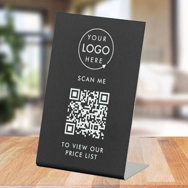 QR Code Price List | Black Business Logo Scan Me Pedestal Sign (Price signage for stores, salons, cafes, trade stalls, pop up shops, reception desks & more!)