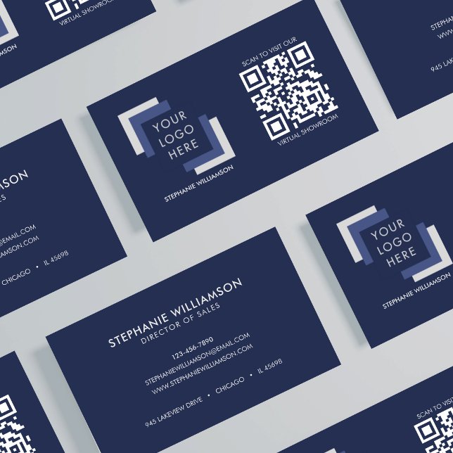 QR Code Professional Custom Logo Navy Modern   Business Card (Creator Uploaded)