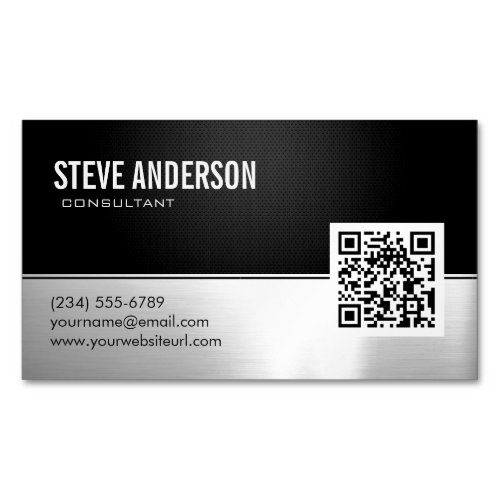 QR Code Professional Modern Black Silver Metallic Business Card Magnet