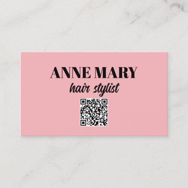 QR Code Professional Modern Pink Black Hairstylist Business Card (Front)