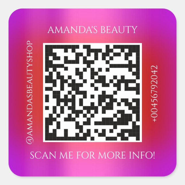QR Code Promotional Name Contact Pink Red Square Sticker (Front)