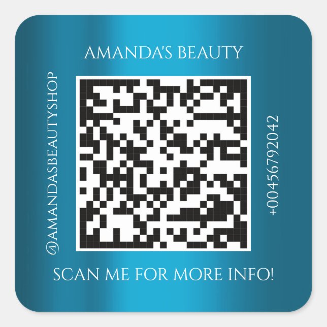 QR Code Promotional Name Contact Teal Blue Square Sticker (Front)