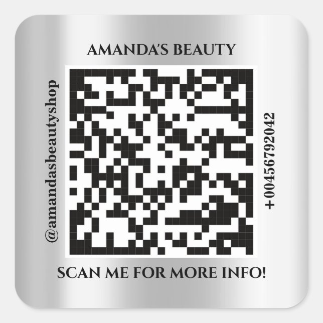 QR Code Promotional Name Contact Web Address Gray Square Sticker (Front)