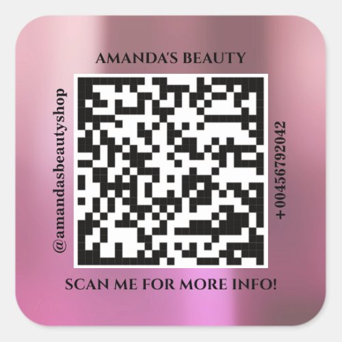 QR Code Promotional Name Contact Web Address Pink Square Sticker