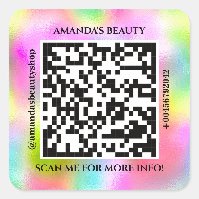 QR Code Promotional Name Contact Web Holographic  Square Sticker (Front)