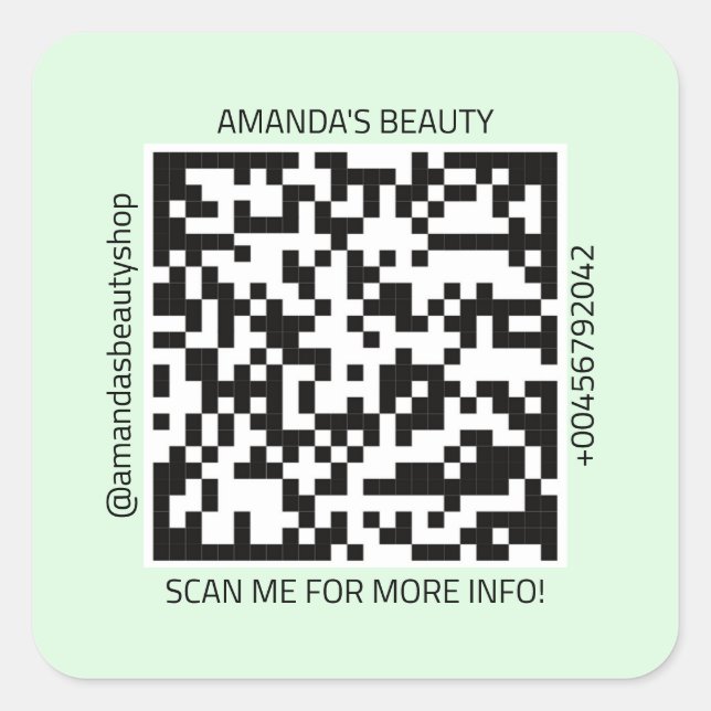 QR Code Promotional Name Contact Web Mint Green Square Sticker (Front)