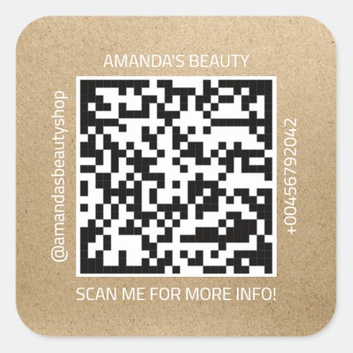 QR Code Promotional Name Contact Web Natural Kraft Square Sticker