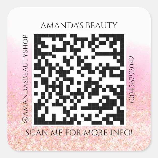 QR Code Promotional Name Contact Web PIn Glitter Square Sticker (Front)