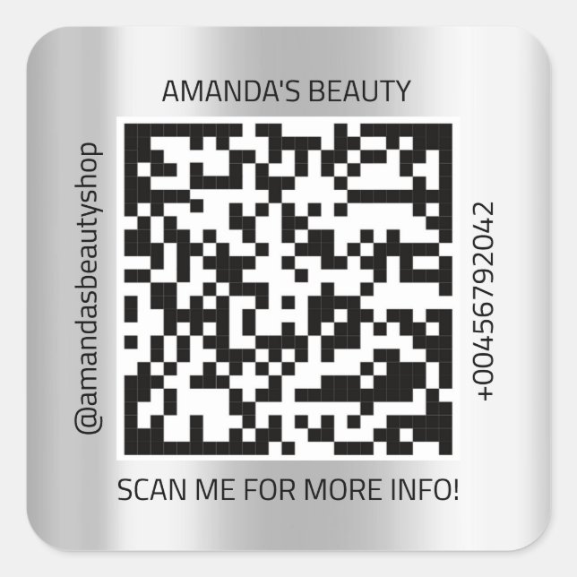 QR Code Promotional Name Contact Web Silver Gray Square Sticker (Front)