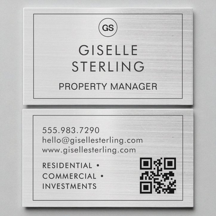 QR Code Property Manager Brushed Silver Monogram Business Card