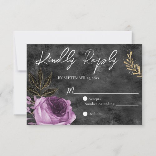 QR Code Purple and Black Floral Wedding RSVP Card