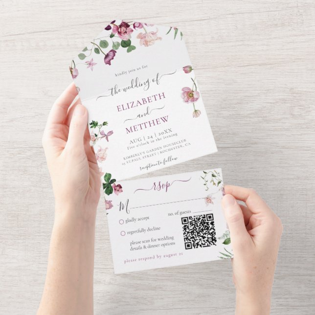 Qr Code Purple and Pink Wedding All In One Invitation (Tearaway)