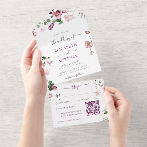 Qr Code Purple and Pink Wedding All In One Invitation