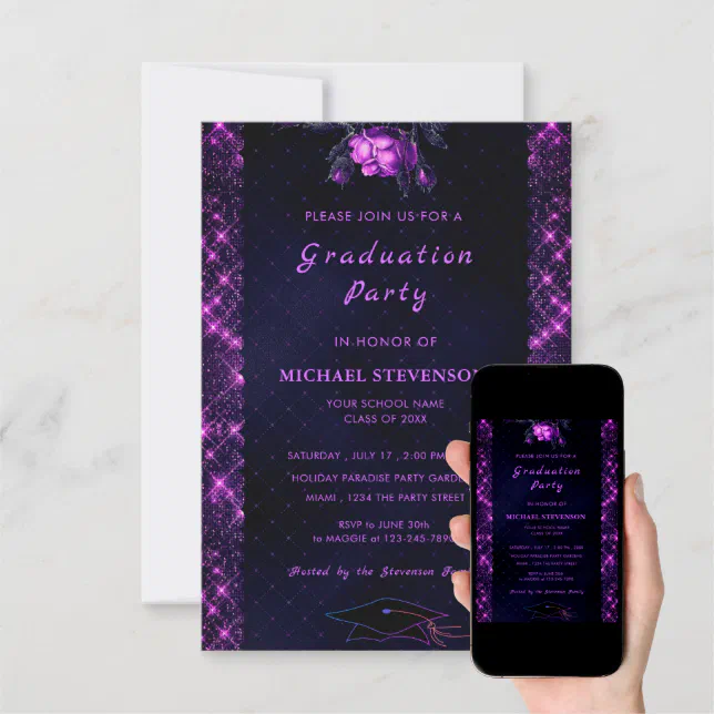 QR Code Purple Black Graduation Party Invitation | Zazzle