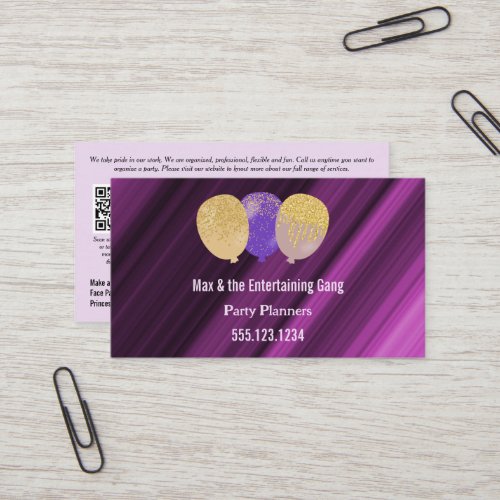 QR Code  Purple Glitter Balloons Party Planner Business Card