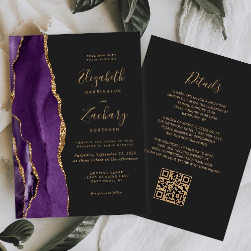 QR Code Purple Gold Agate Dark Wedding Invitation