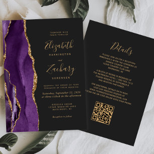 QR Code Purple Gold Agate Dark Wedding Invitation