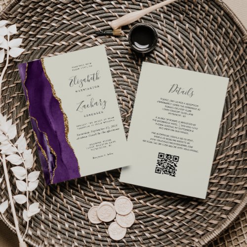 QR Code Purple Gold Agate Ivory Wedding Invitation