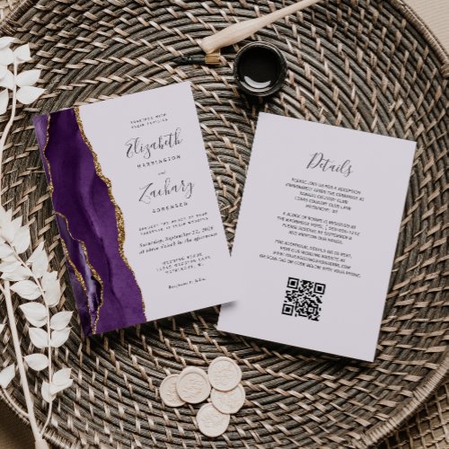 QR Code Purple Gold Agate Lavender Wedding Invitation