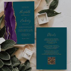 QR Code Purple Gold Agate Teal Wedding Invitation