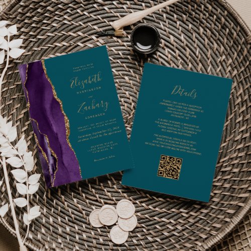 QR Code Purple Gold Agate Teal Wedding Invitation