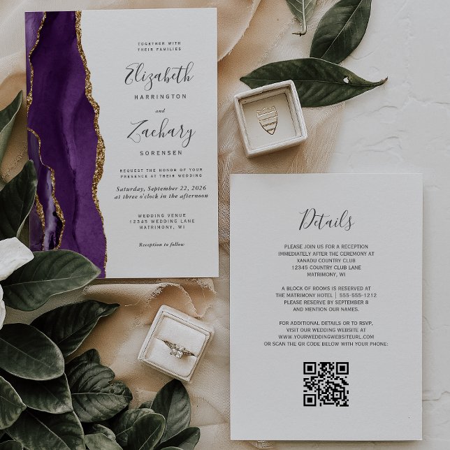 QR Code Purple Gold Agate Wedding Invitation (Creator Uploaded)