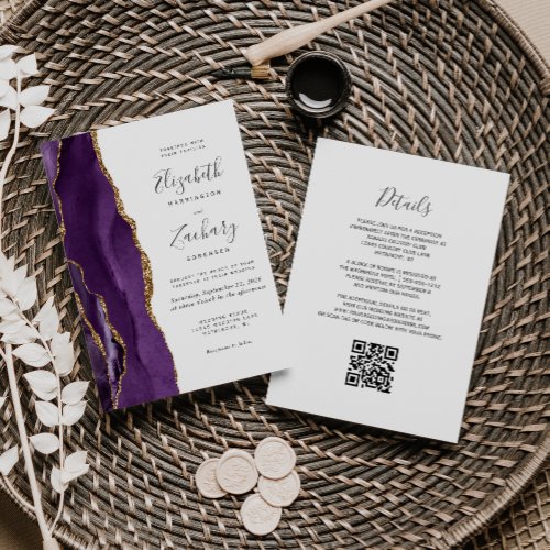 QR Code Purple Gold Agate Wedding Invitation