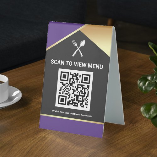 QR Code Purple Gold Digital Menu for Restaurants Table Tent Sign