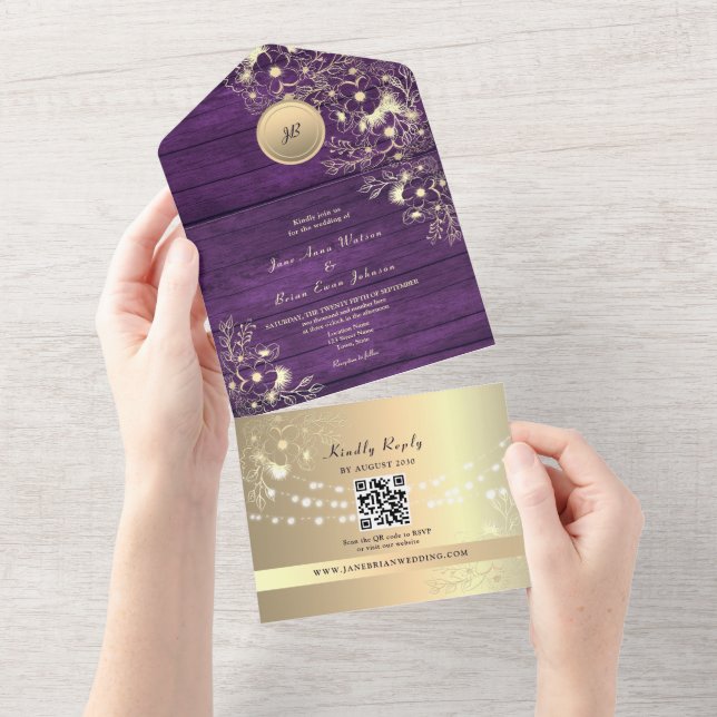 QR Code Purple Gold Rustic Lights Wedding All In One Invitation (Tearaway)
