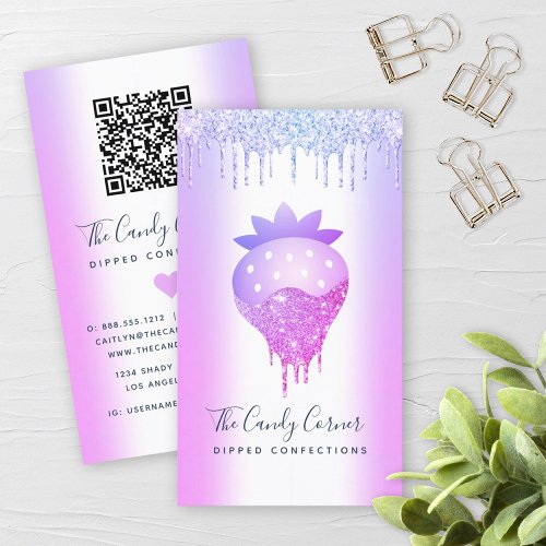 QR Code Purple Strawberry Glitter Drips Confection Business Card