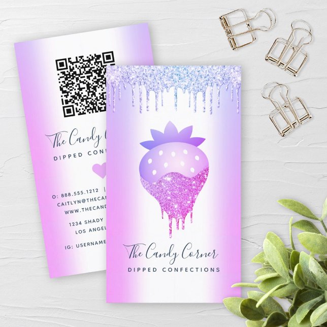 QR Code Purple Strawberry Glitter Drips Confection Business Card (Creator Uploaded)