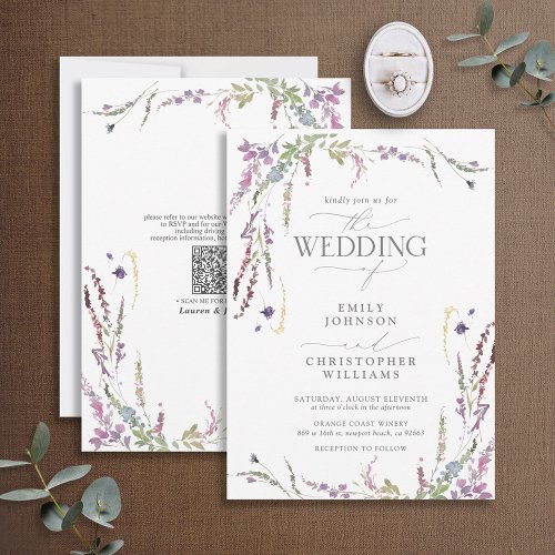 QR Code Purple Wildflower Calligraphy Wedding Invitation