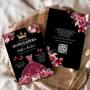 QR Code Quinceanera Floral Burgundy Princess Invitation