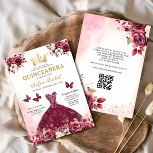 QR Code Quinceanera Floral Burgundy Princess Invitation