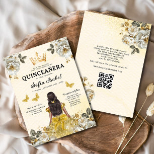 QR Code Quinceanera Floral Gold Princess Invitation