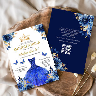 QR Code Quinceanera Floral Royal Blue Princess  Invitation