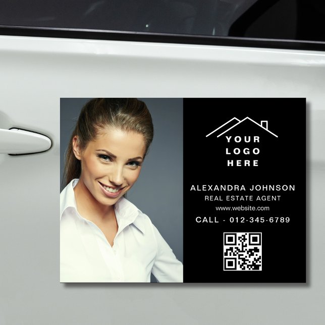 QR Code Real Estate Agent Black Logo Photo Car Magnet (Creator Uploaded)