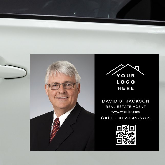 QR Code Real Estate Agent Black Logo Photo Car Magnet (Creator Uploaded)