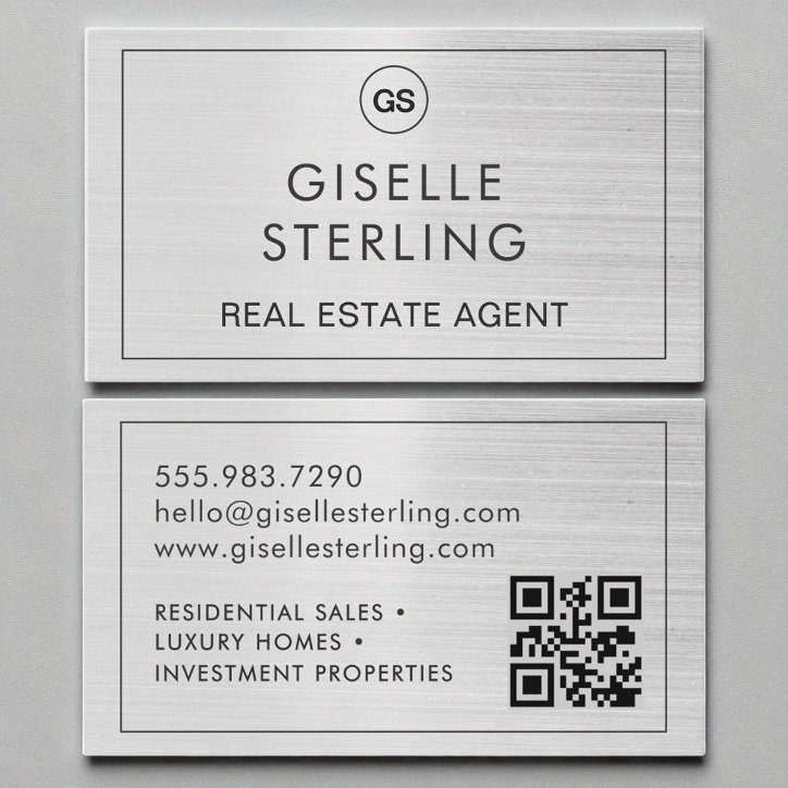 QR Code Real Estate Agent Brushed Silver Monogram Business Card