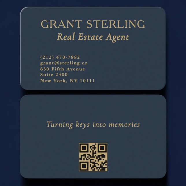 QR Code Real Estate Agent Navy Blue Gold  Business Card (Creator Uploaded)