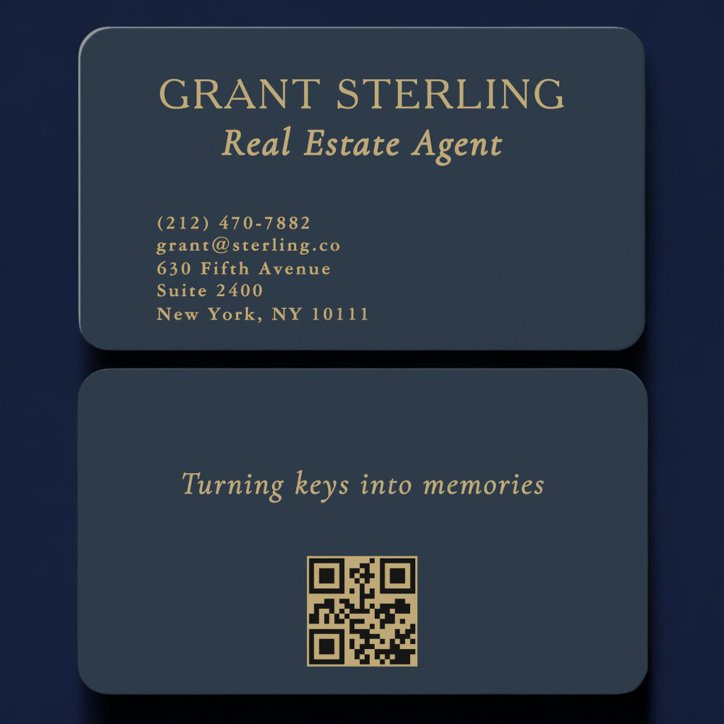 QR Code Real Estate Agent Navy Blue Gold Business Card