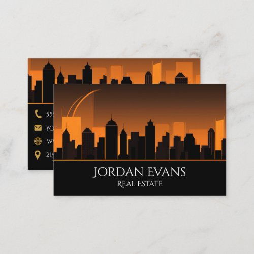 QR Code Real Estate City Skyline Orange and Black Business Card