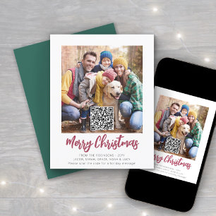 QR Code Red Brushed Script Merry Christmas Photo Holiday Card
