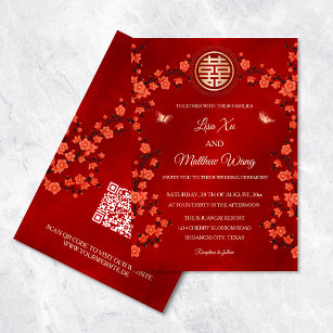 QR Code Red Cherry Blossom   Chinese Wedding Invitation