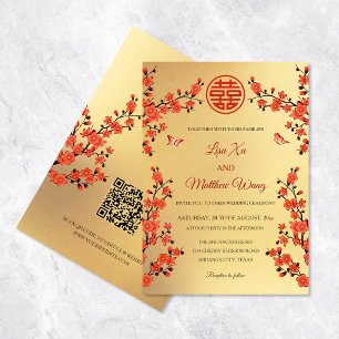 QR Code Red Cherry Blossom Chinese Wedding Invitation