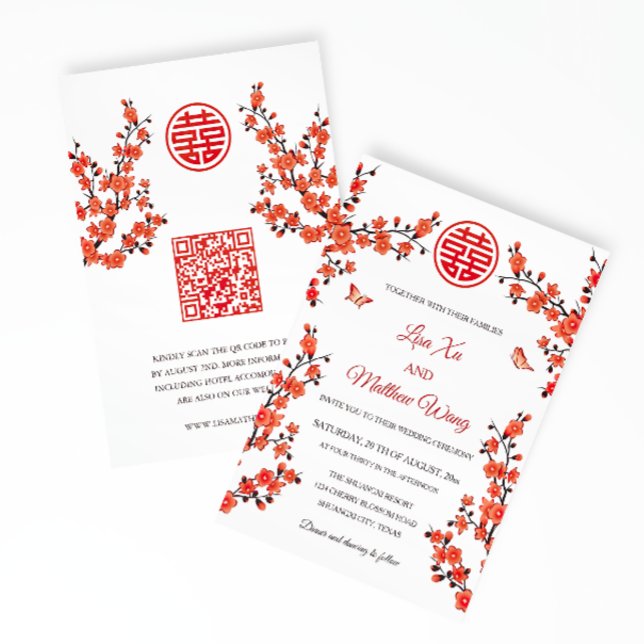  QR Code | Red Cherry Blossom | Chinese Wedding  Invitation (Creator Uploaded)