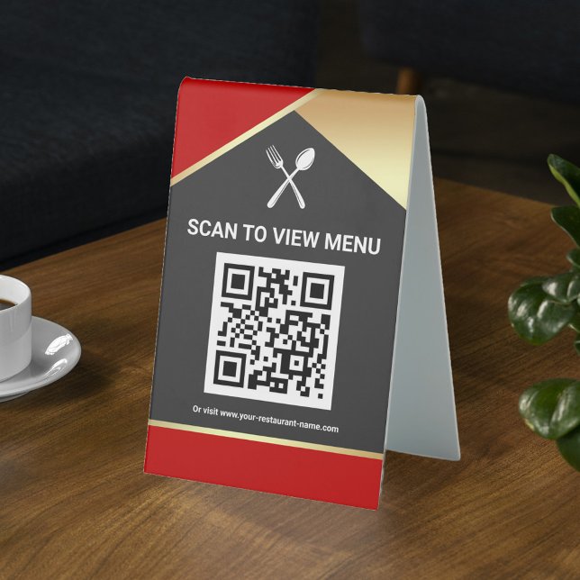 QR Code Red Gold Digital Menu for Restaurants Table Tent (Creator Uploaded)