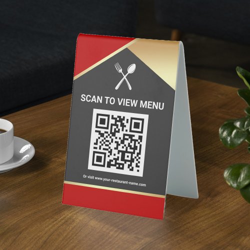 QR Code Red Gold Digital Menu for Restaurants Table Tent Sign